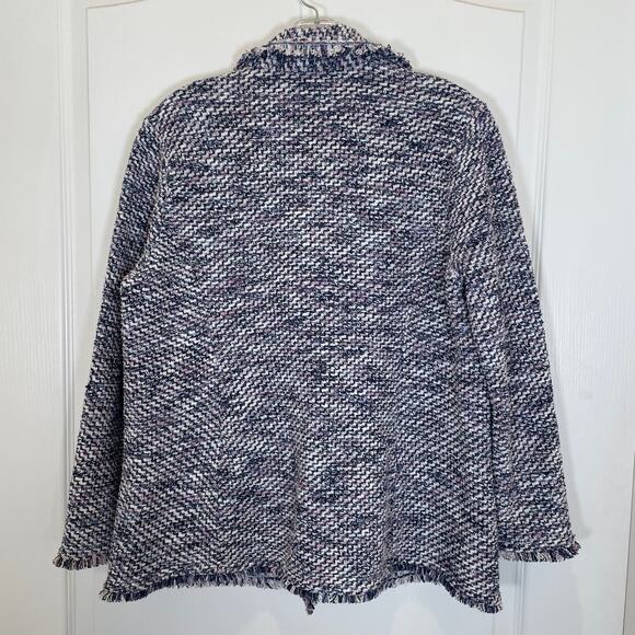 Chico's Knit Tweed Blazer Jacket Blue White Fringe Career Preppy Pocket Flaps LP - Picture 4 of 4